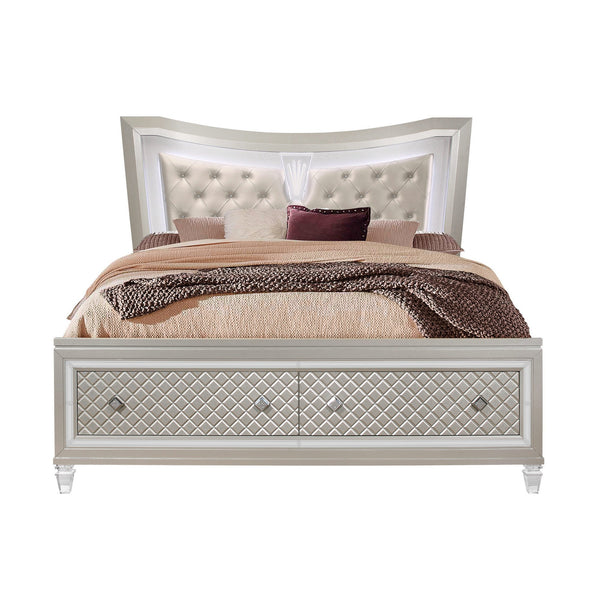 Homeroots Champagne Tone Queen Bed With Padded Headboard  Led Lightning  2 Drawer  Wood 383810