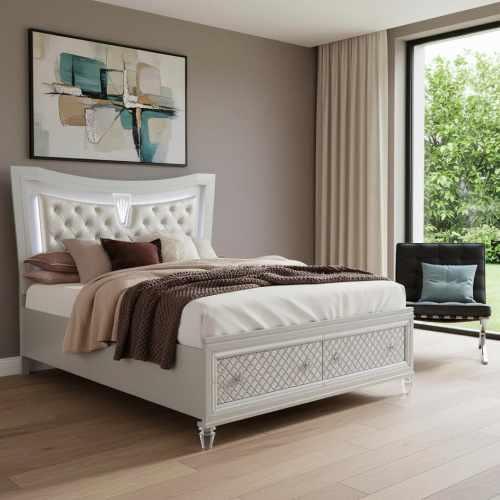 HomeRoots Champagne Queen Bed with Padded Headboard, LED Lighting & 2 Spacious Footboard Drawers for Storage 383810
