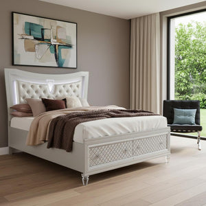 HomeRoots Champagne Queen Bed with Padded Headboard, LED Lighting & 2 Spacious Footboard Drawers for Storage 383810