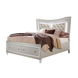 Homeroots Champagne Tone Queen Bed With Padded Headboard  Led Lightning  2 Drawer  Wood 383810