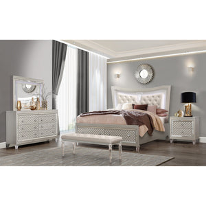 Homeroots Champagne Tone Queen Bed With Padded Headboard  Led Lightning  2 Drawer  Wood 383810