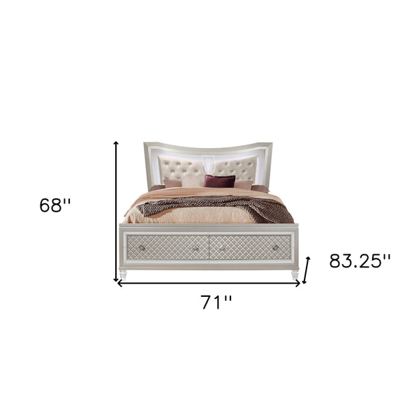 Homeroots Champagne Tone Queen Bed With Padded Headboard  Led Lightning  2 Drawer  Wood 383810