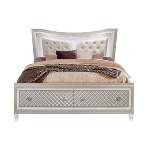 Homeroots Champagne Tone Queen Bed With Padded Headboard  Led Lightning  2 Drawer  Wood 383810