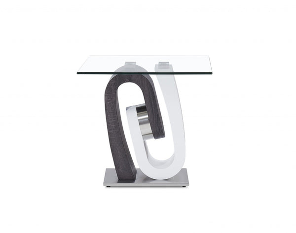 HomeRoots 23" Modern White Gray Glass and Wood Pedestal End Table – Stylish, Versatile Design for Any Space 383811