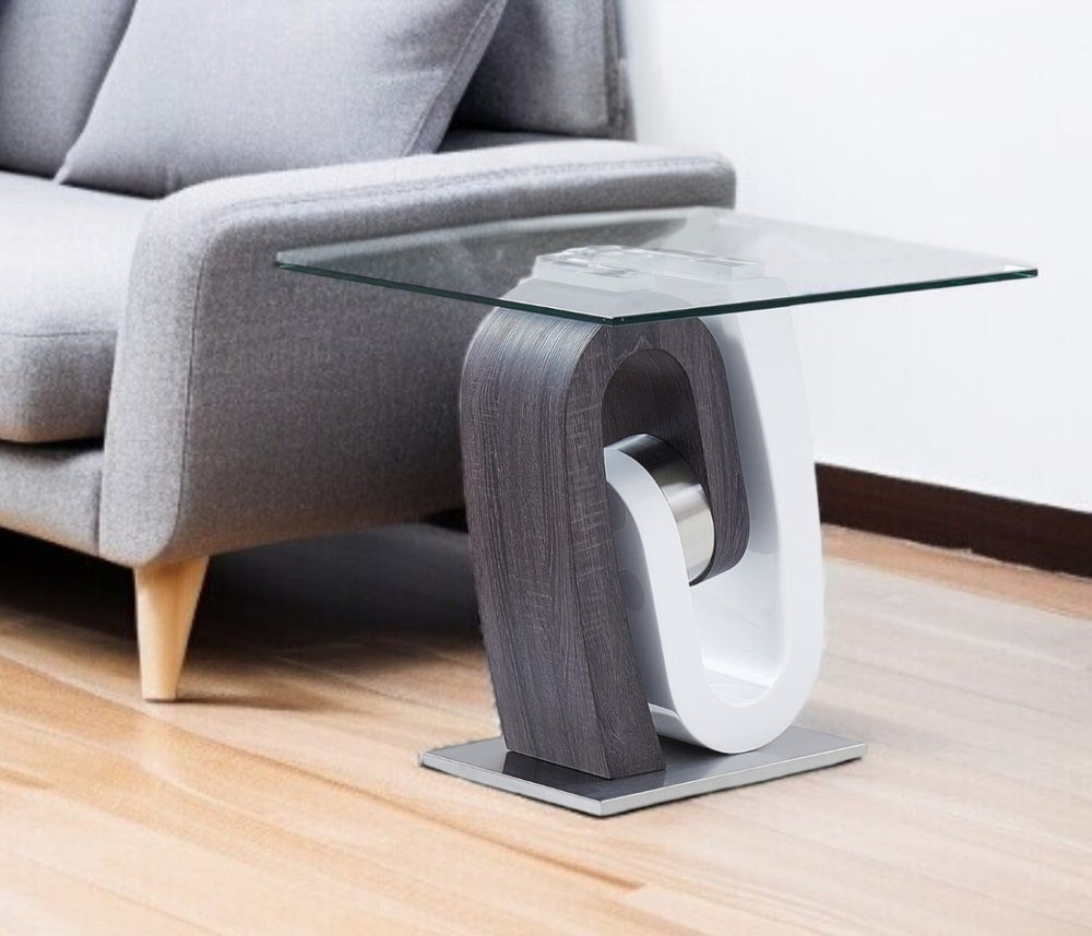 HomeRoots 23" Modern White Gray Glass and Wood Pedestal End Table – Stylish, Versatile Design for Any Space 383811