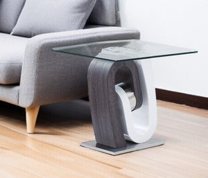 HomeRoots 23" Modern White Gray Glass and Wood Pedestal End Table – Stylish, Versatile Design for Any Space 383811