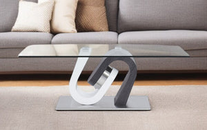 HomeRoots 48" Modern Glass Coffee Table with Geometric Steel Base - Stylish, Durable & Fully Assembled Design 383812