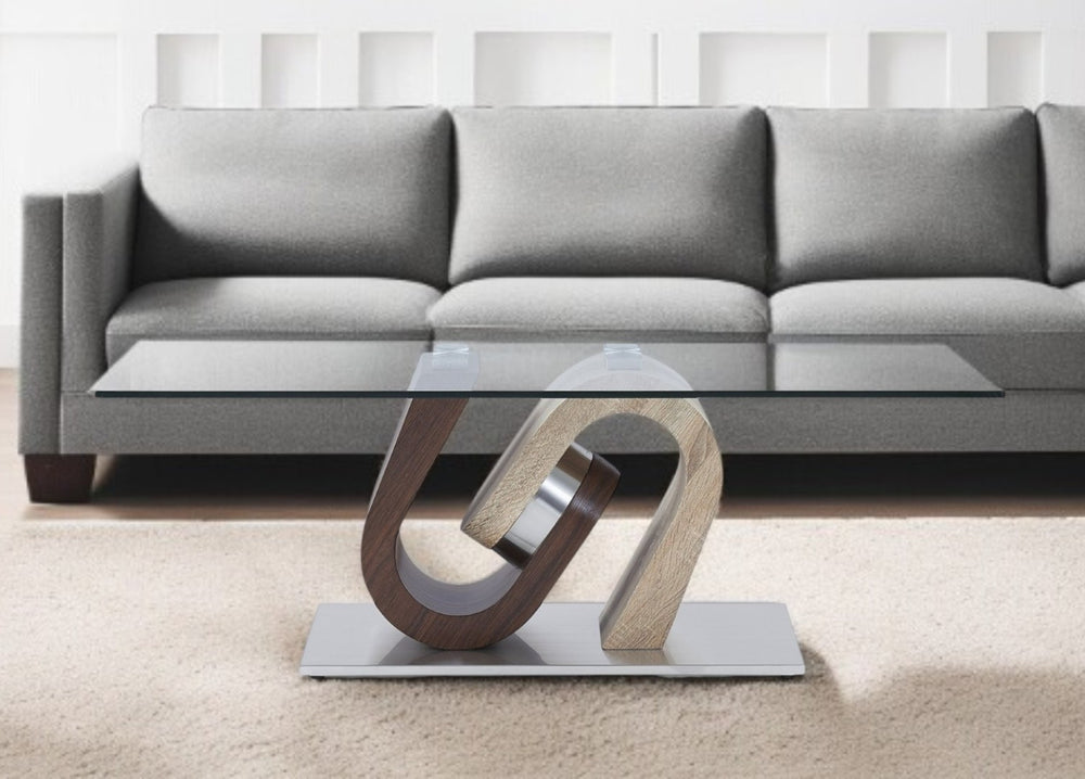 HomeRoots 47" Clear Glass Coffee Table with Oak Base - Modern Design for Stylish Living Rooms & Decor 383814