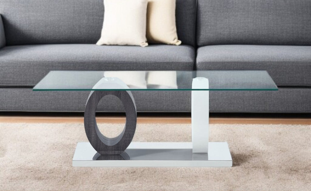 HomeRoots 47" Clear Glass Coffee Table with White and Gray Rubberwood Base – Modern, Versatile Design for Any Space 383817
