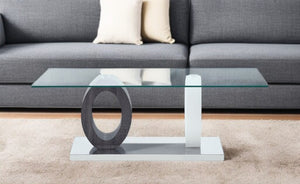 HomeRoots 47" Clear Glass Coffee Table with White and Gray Rubberwood Base – Modern, Versatile Design for Any Space 383817