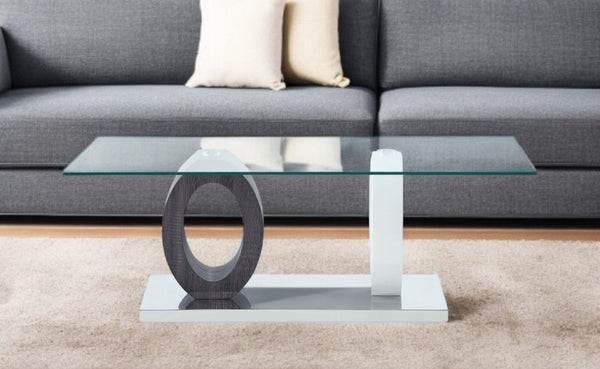 HomeRoots 47" Clear Glass Coffee Table with White and Gray Rubberwood Base – Modern, Versatile Design for Any Space 383817
