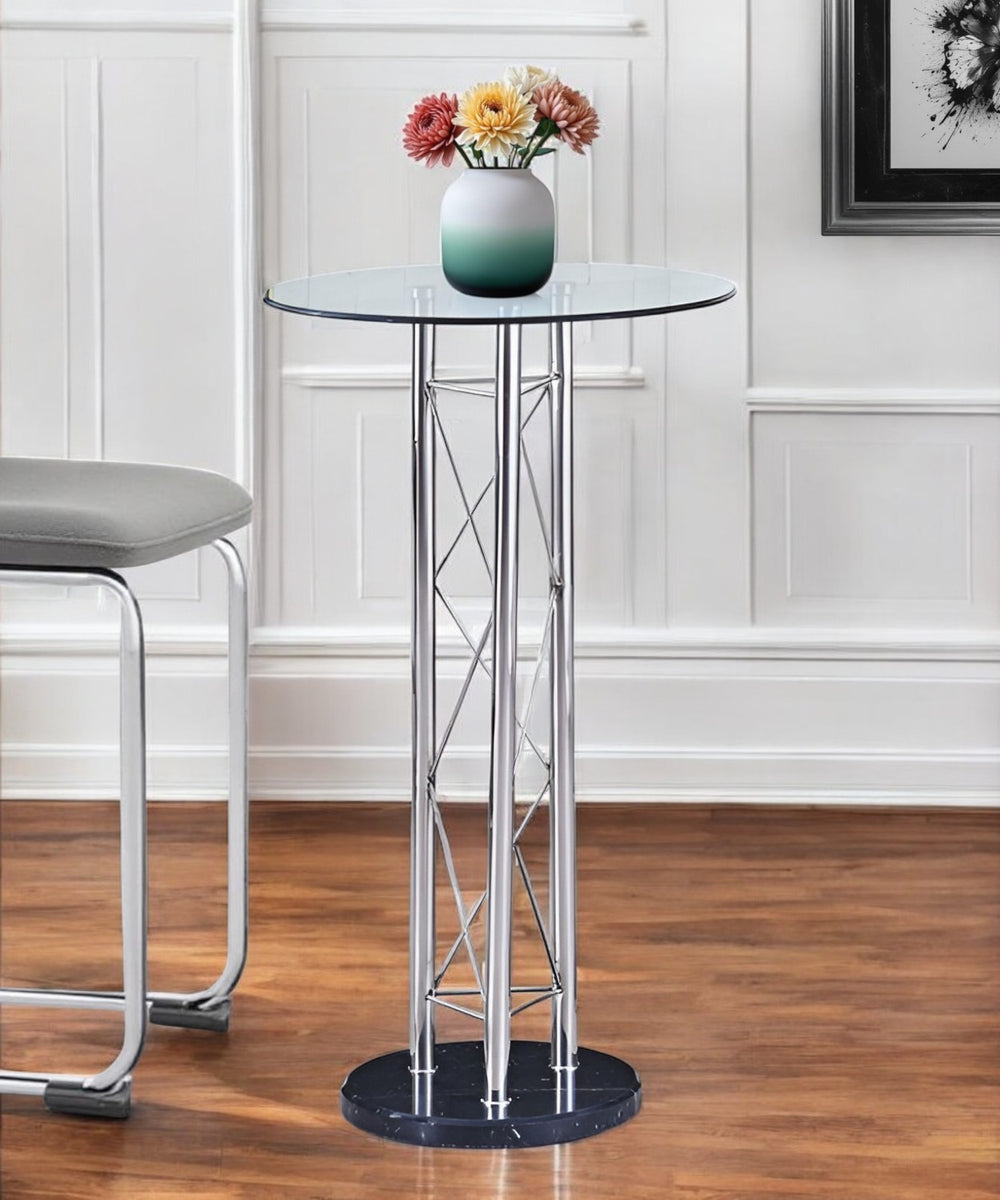 Homeroots 26" Clear Silver And Black Glass And Metal Round Bar Table   383822