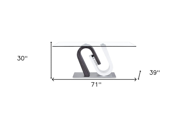Homeroots 71" Clear And White And Gray Glass And Stainless Steel Pedestal Base Dining Table   383824