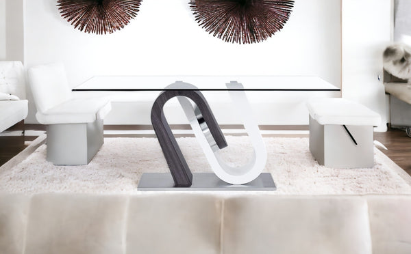 Homeroots 71" Clear And White And Gray Glass And Stainless Steel Pedestal Base Dining Table   383824