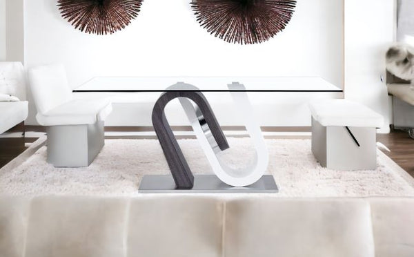 Homeroots 71" Clear And White And Gray Glass And Stainless Steel Pedestal Base Dining Table   383824