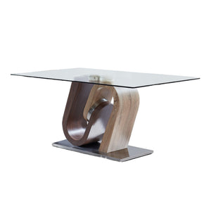 Homeroots 71" Clear And Brown And Silver Glass And Stainless Steel And Manufactured Wood Pedestal Base Dining Table   383827