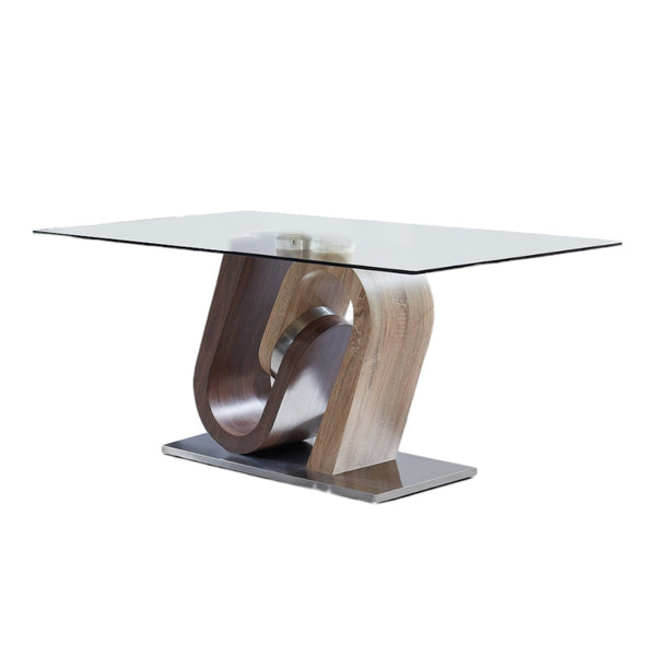 Homeroots 71" Clear And Brown And Silver Glass And Stainless Steel And Manufactured Wood Pedestal Base Dining Table   383827