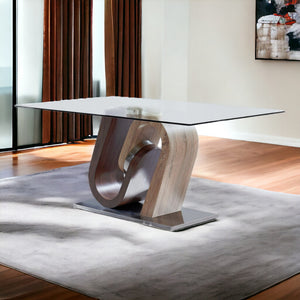 Homeroots 71" Clear And Brown And Silver Glass And Stainless Steel And Manufactured Wood Pedestal Base Dining Table   383827