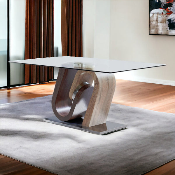 Homeroots 71" Clear And Brown And Silver Glass And Stainless Steel And Manufactured Wood Pedestal Base Dining Table   383827
