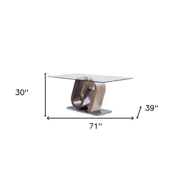 Homeroots 71" Clear And Brown And Silver Glass And Stainless Steel And Manufactured Wood Pedestal Base Dining Table   383827