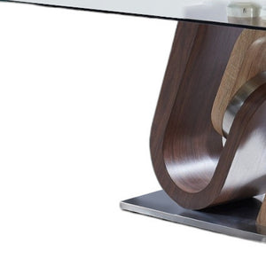 Homeroots 71" Clear And Brown And Silver Glass And Stainless Steel And Manufactured Wood Pedestal Base Dining Table   383827