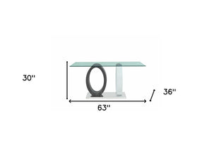 HomeRoots 63" Contemporary Clear Glass Dining Table with Gray & White Double Pedestal Base for Six People 383830