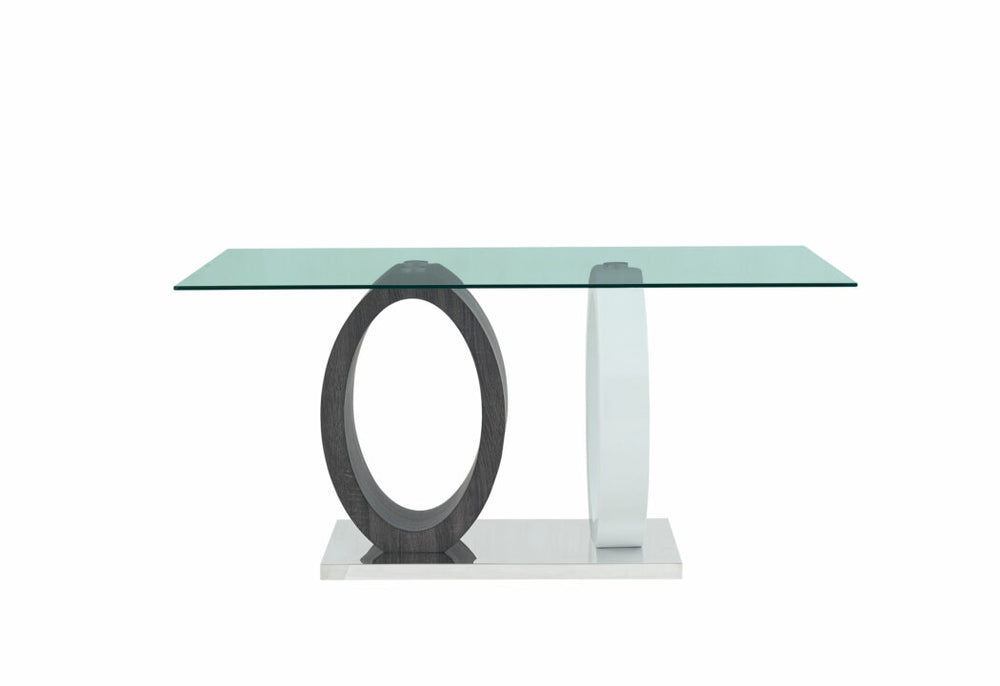 Homeroots 63" Clear And Gray And White Glass And Metal Double Pedestal Base Dining Table   383830