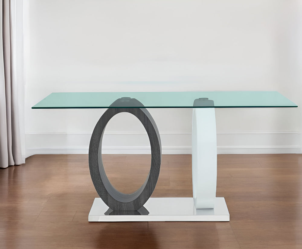 Homeroots 63" Clear And Gray And White Glass And Metal Double Pedestal Base Dining Table   383830