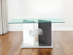 Homeroots 36" Clear And Gray Glass And Stainless Steel Double Pedestal Base Dining Table   383831