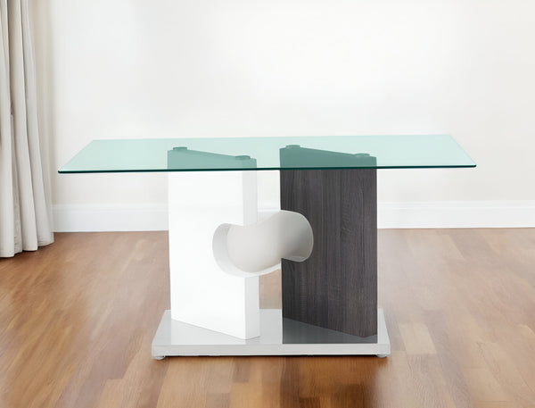 Homeroots 36" Clear And Gray Glass And Stainless Steel Double Pedestal Base Dining Table   383831