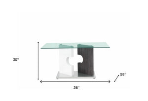 HomeRoots 36" Elegant Clear Glass & Gray Stainless Steel Dining Table with Double Pedestal Base for 6 383831