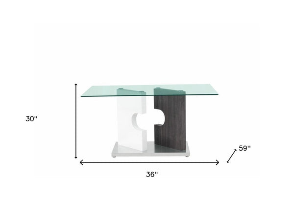 HomeRoots 36" Elegant Clear Glass & Gray Stainless Steel Dining Table with Double Pedestal Base for 6 383831