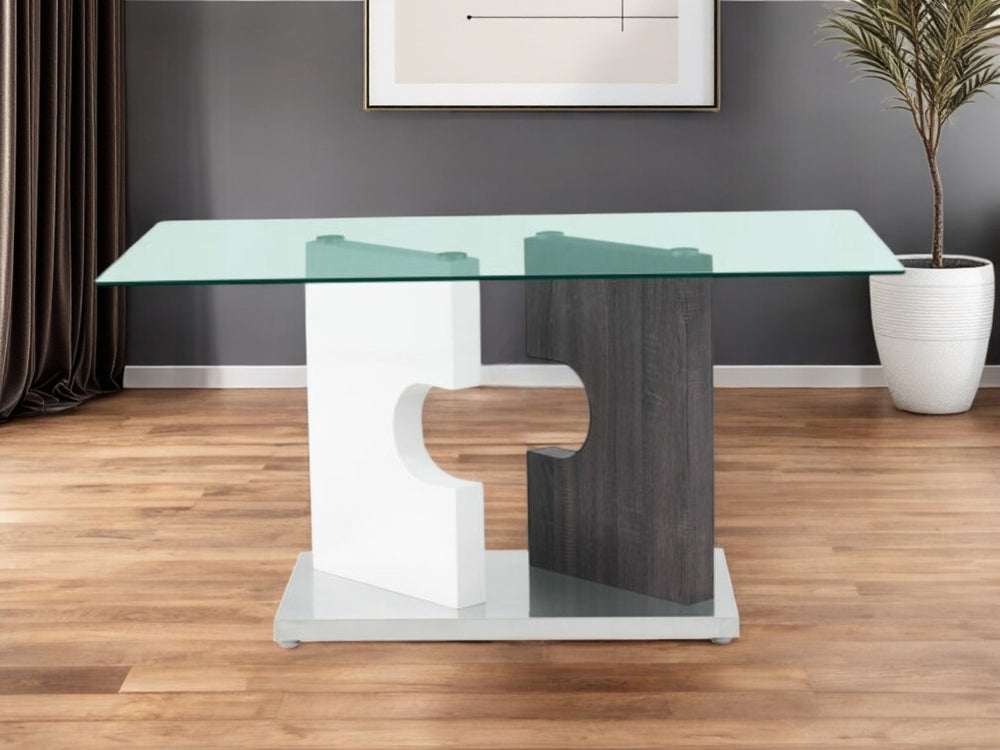 HomeRoots 36" Elegant Clear Glass & Gray Stainless Steel Dining Table with Double Pedestal Base for 6 383831