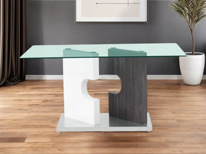 HomeRoots 36" Elegant Clear Glass & Gray Stainless Steel Dining Table with Double Pedestal Base for 6 383831