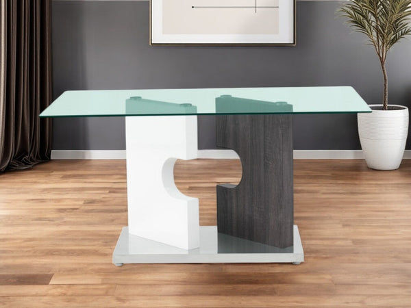 HomeRoots 36" Elegant Clear Glass & Gray Stainless Steel Dining Table with Double Pedestal Base for 6 383831