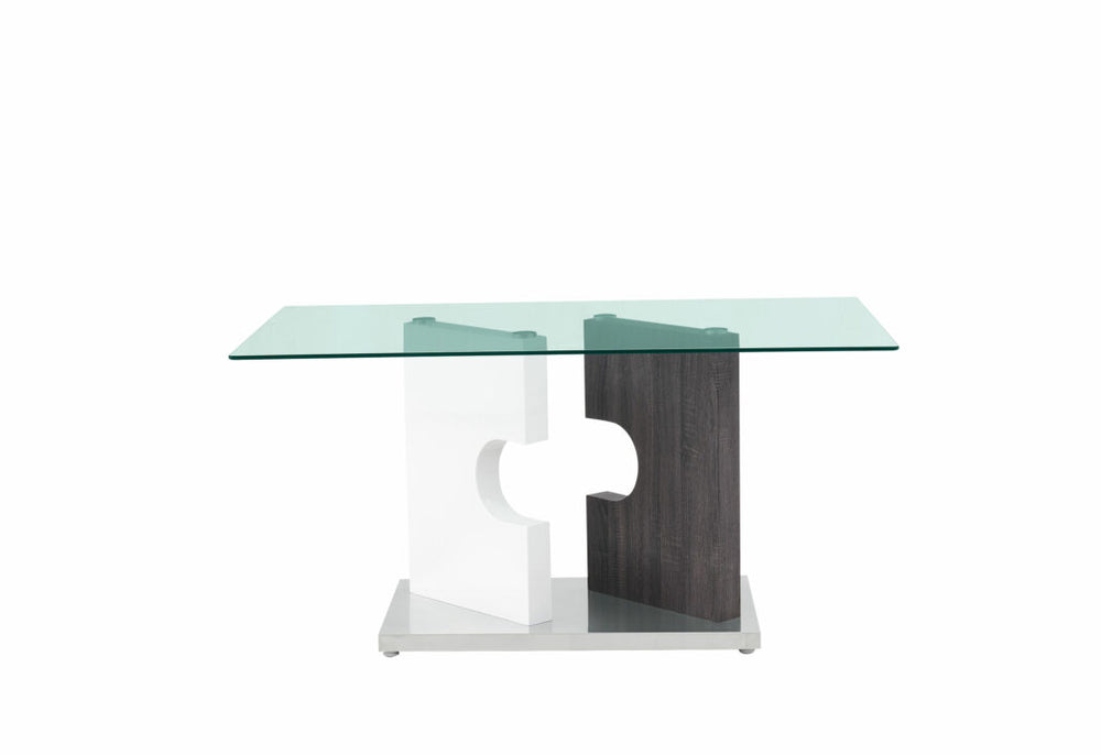 Homeroots 36" Clear And Gray Glass And Stainless Steel Double Pedestal Base Dining Table   383831