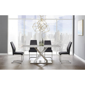 Homeroots 71" Gray And White And Silver Marble And Stainless Steel Pedestal Base Dining Table   383834