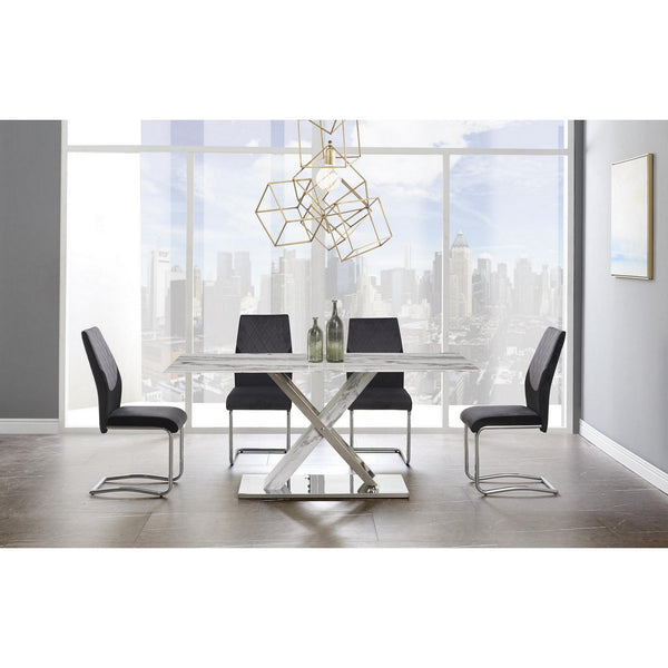 Homeroots 71" Gray And White And Silver Marble And Stainless Steel Pedestal Base Dining Table   383834