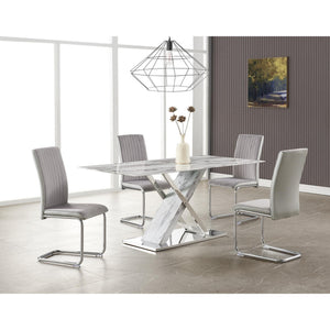 Homeroots 71" Gray And White And Silver Marble And Stainless Steel Pedestal Base Dining Table   383834