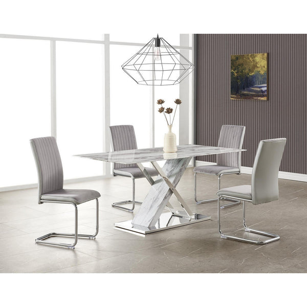 Homeroots 71" Gray And White And Silver Marble And Stainless Steel Pedestal Base Dining Table   383834