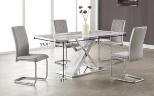 Homeroots 71" Gray And White And Silver Marble And Stainless Steel Pedestal Base Dining Table   383834