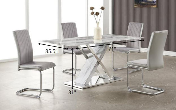 Homeroots 71" Gray And White And Silver Marble And Stainless Steel Pedestal Base Dining Table   383834