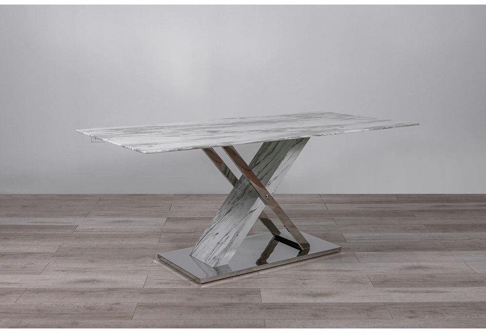 Homeroots 71" Gray And White And Silver Marble And Stainless Steel Pedestal Base Dining Table   383834