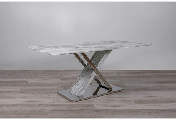 Homeroots 71" Gray And White And Silver Marble And Stainless Steel Pedestal Base Dining Table   383834