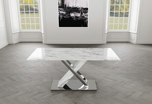 Homeroots 71" Gray And White And Silver Marble And Stainless Steel Pedestal Base Dining Table   383834