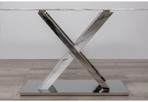 Homeroots 71" Gray And White And Silver Marble And Stainless Steel Pedestal Base Dining Table   383834