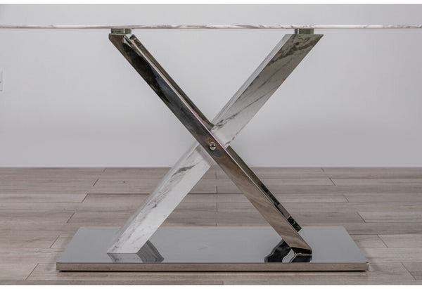 Homeroots 71" Gray And White And Silver Marble And Stainless Steel Pedestal Base Dining Table   383834