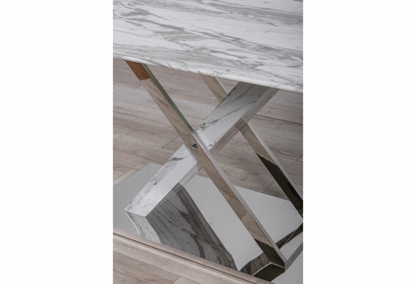 Homeroots 71" Gray And White And Silver Marble And Stainless Steel Pedestal Base Dining Table   383834