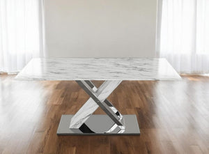 Homeroots 71" Gray And White And Silver Marble And Stainless Steel Pedestal Base Dining Table   383834