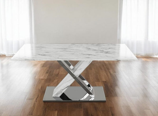 Homeroots 71" Gray And White And Silver Marble And Stainless Steel Pedestal Base Dining Table   383834